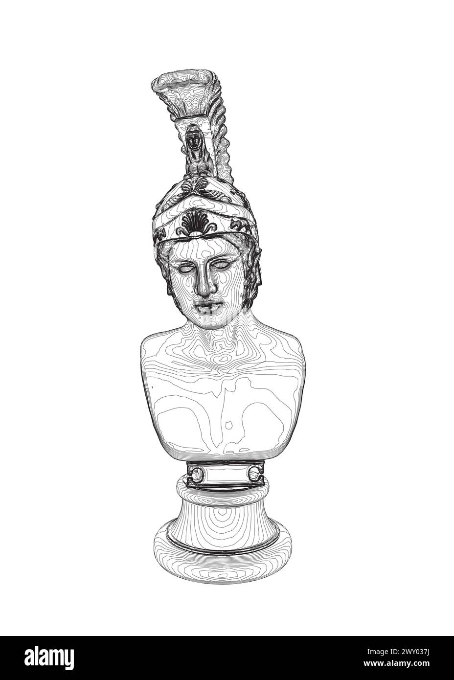 Vector illustration of a bust of Greek God Ares. Statue bust outline made of black lines isolated on white background. Stock Vector