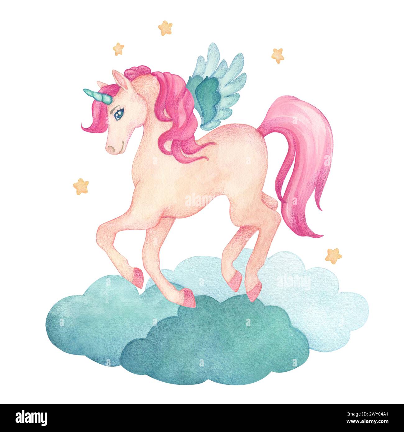 Watercolor illustration of a cute jumping unicorn with wings on clouds ...