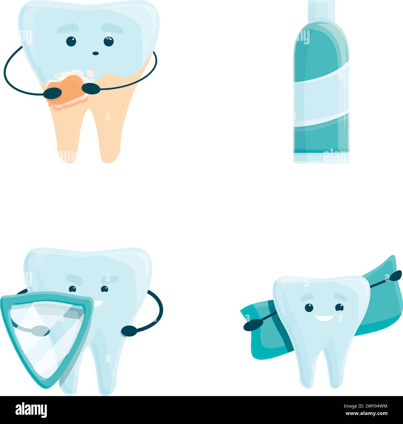 Dental care icons set cartoon vector. Tooth with toothpaste and shield ...