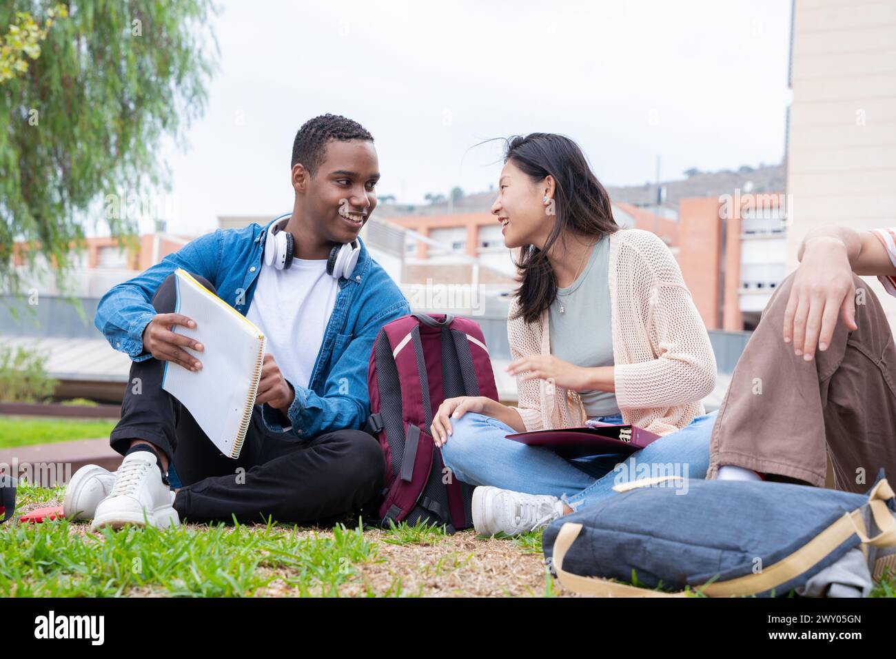 Two multiracial college students sitting together on campus lawn ...