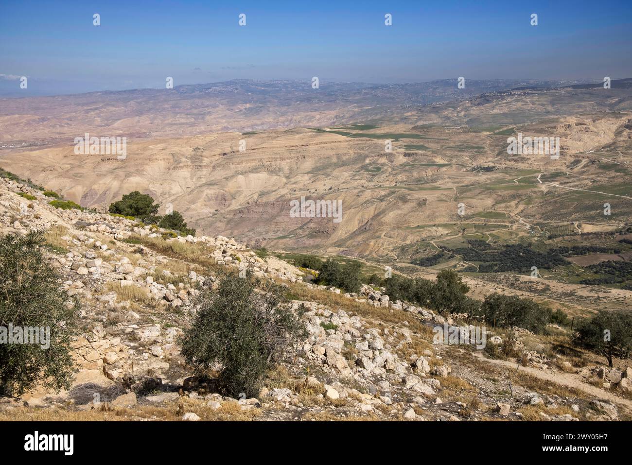 viewpoint towards the promised land at the moses memorial church and museum at mount nebo jordan Stock Photo