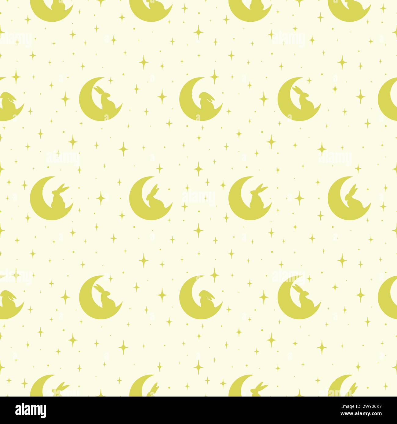 Colorful Easter bunnies seamless vector pattern. Beige simple background with young moon. Different size elements endless texture. Vector endless text Stock Vector