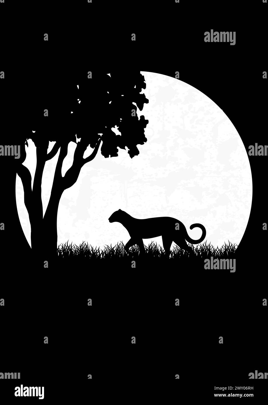 Silhouette of walking leopard in the night savannah. Spring Africa dusk meadow. Black panther hunting under full moon illustration. Mid century modern Stock Vector