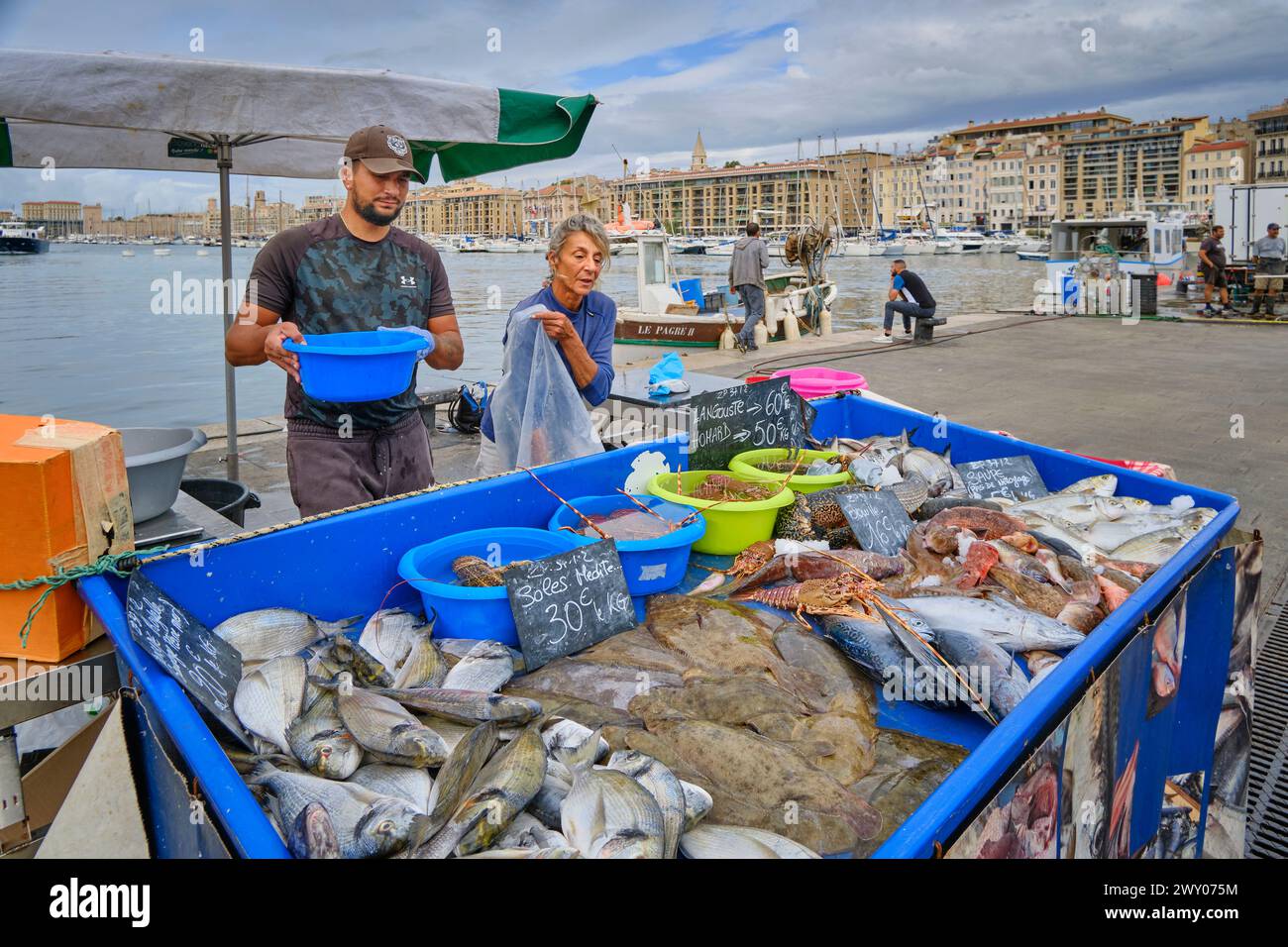 Fish market (Marché aux Poissons) at the Old Port (Vieux Port) in the city center by the Mediterranean Sea. Marseille, France Stock Photo