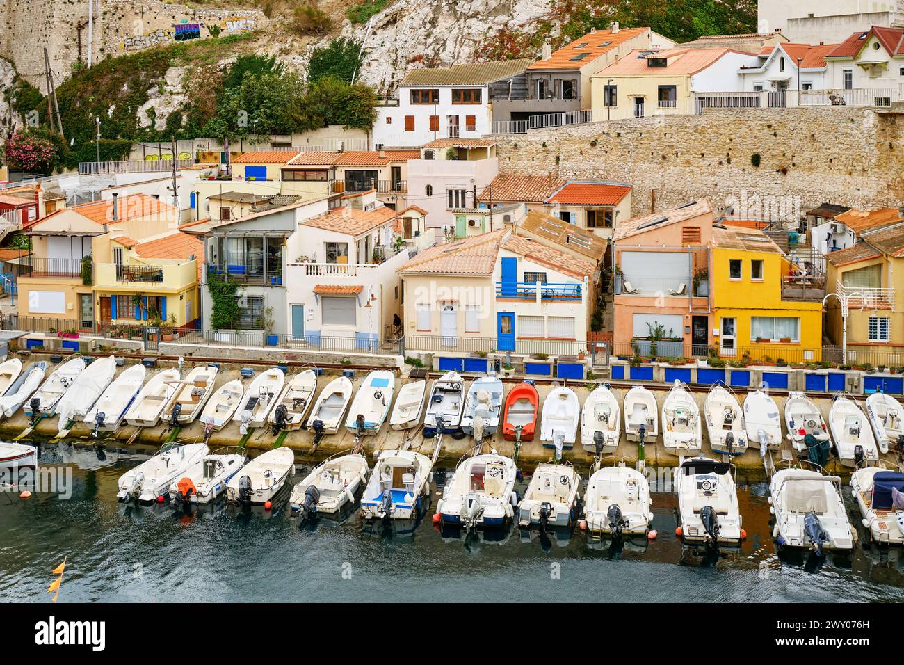 The Vallon des Auffes is a little traditional fishing haven in Marseille. The old little harbour. Marseille, France Stock Photo