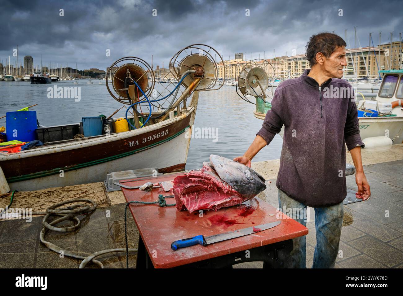 Fish market (Marché aux Poissons) at the Old Port (Vieux Port) in the city center by the Mediterranean Sea. Marseille, France Stock Photo
