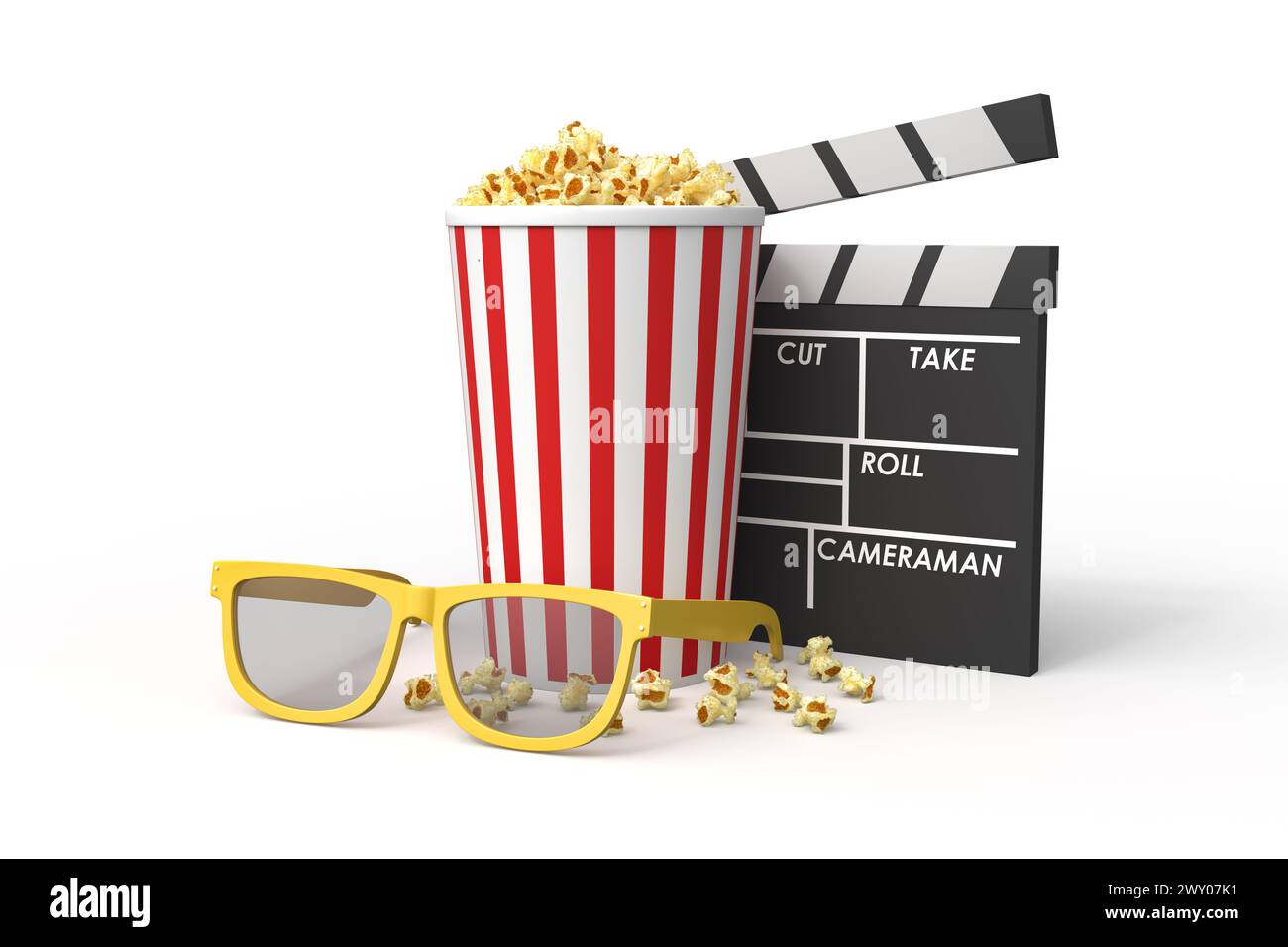 Movie Time Concept with Popcorn and Clapperboard Stock Photo