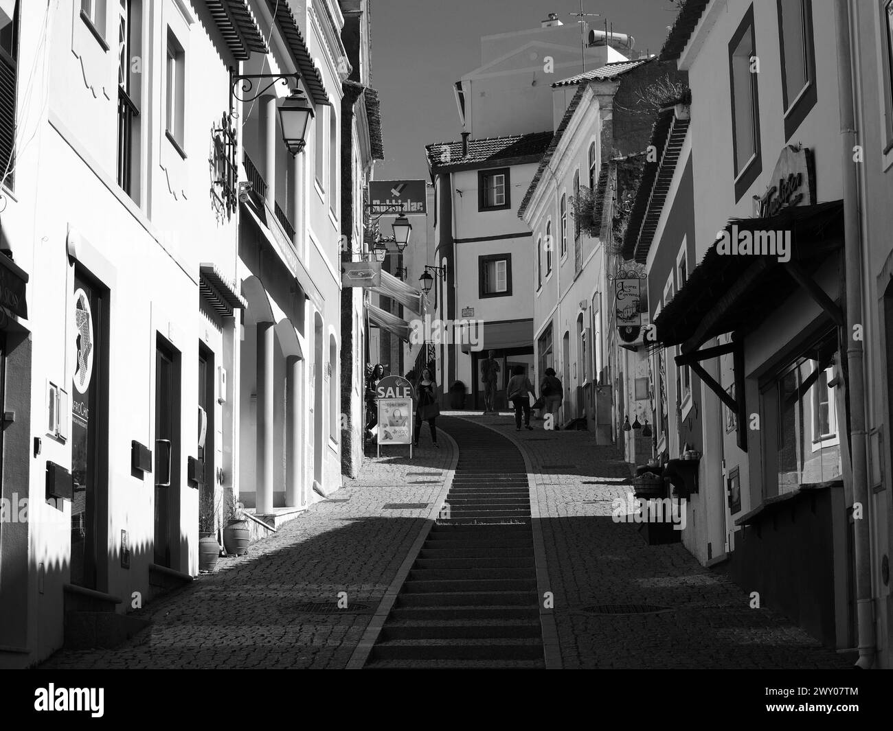 Street with traditional houses in the city of Monchique. Portuguese architecture in the city in the interior of the Algarve. Stock Photo