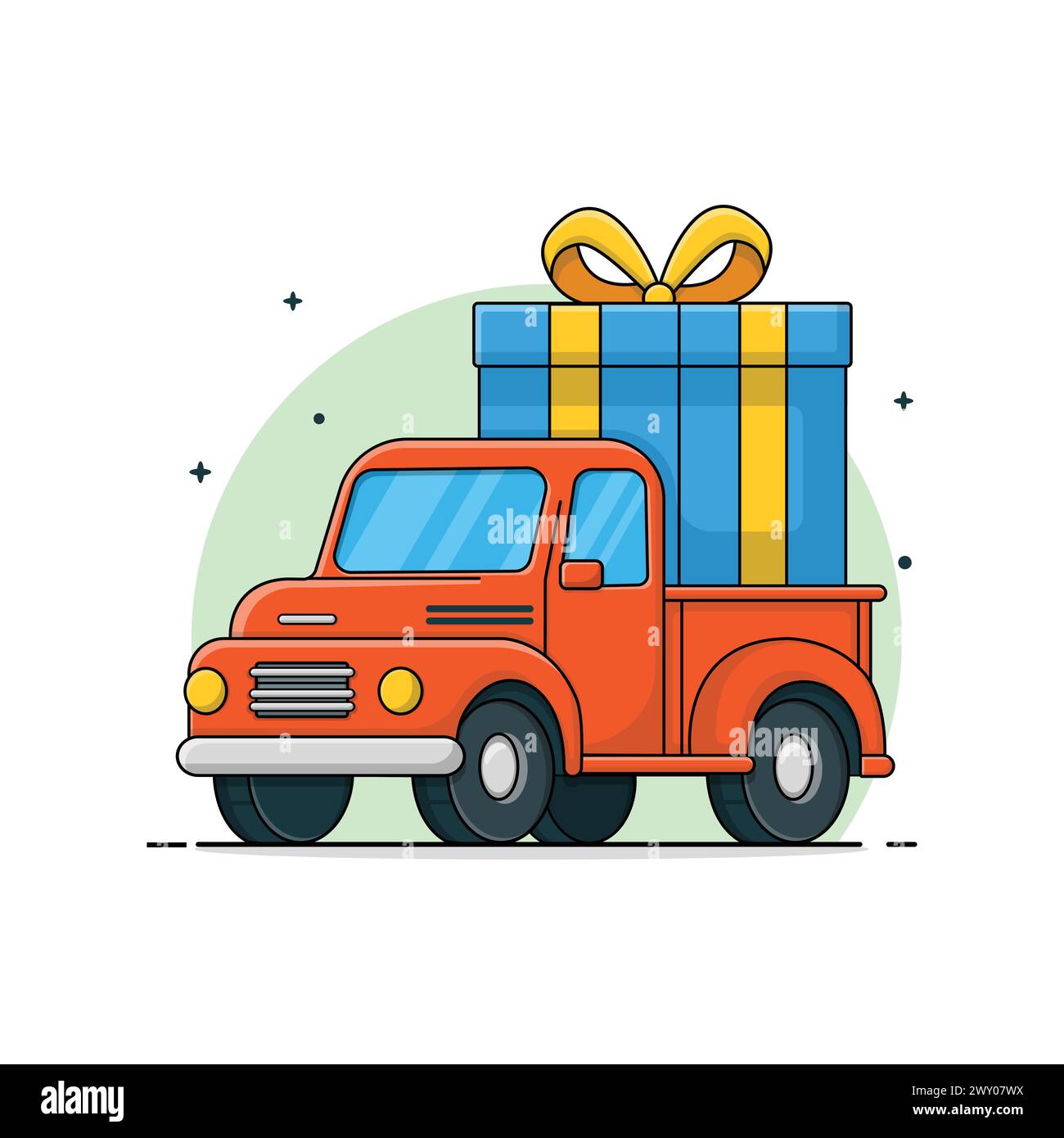 Red Truck with Blue Gift Box Vector Illustration. Free Shipping Concept Design Stock Vector