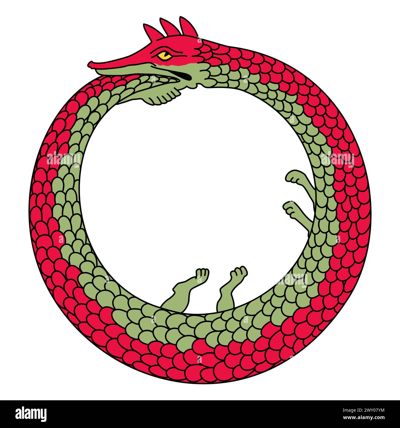 Ouroboros or uroboros, an ancient symbol for eternal cyclic renewal or a cycle of life, death and rebirth. A serpent or dragon eating its own tail. Stock Photo