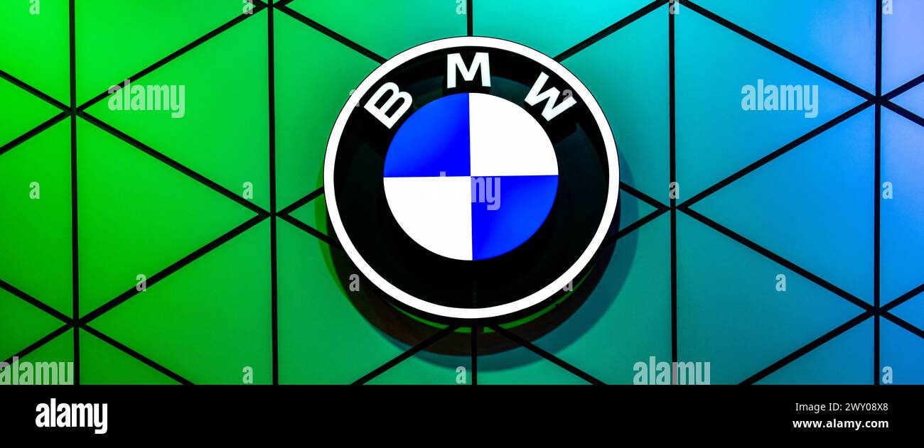 Thailand-March 27,2024: Beautiful colors of the BMW logo at the 45 Bangkok International Motor Show in Nonthaburi Stock Photo