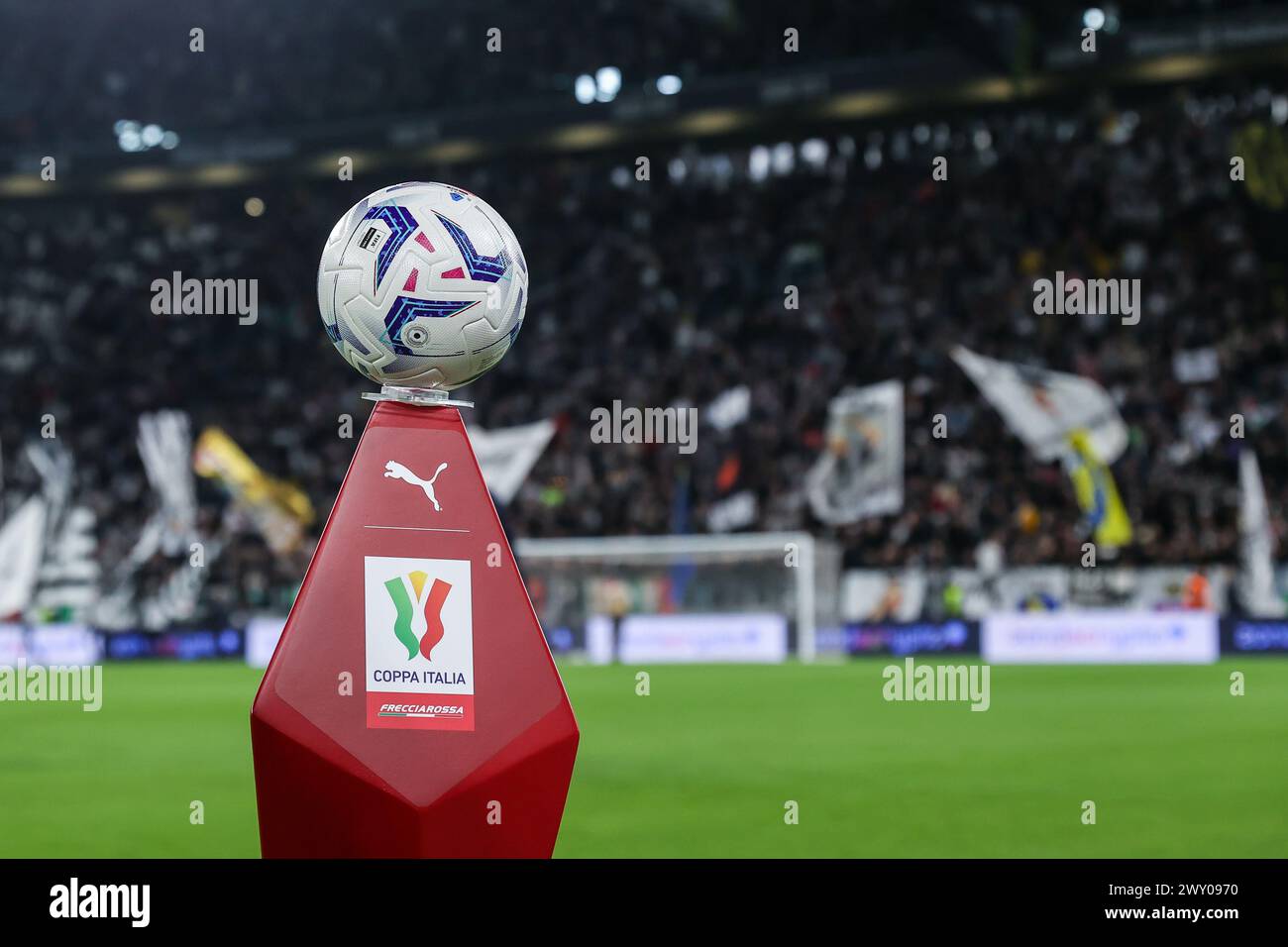 Turin, Italy. 02nd Apr, 2024. Official Coppa Italia matchball during Coppa Italia 2023/24 Semi Final 1st Leg football match between Juventus FC and SS Lazio at Allianz Stadium. FINAL SCORE : Juventus 2 | 0 Lazio Credit: SOPA Images Limited/Alamy Live News Stock Photo