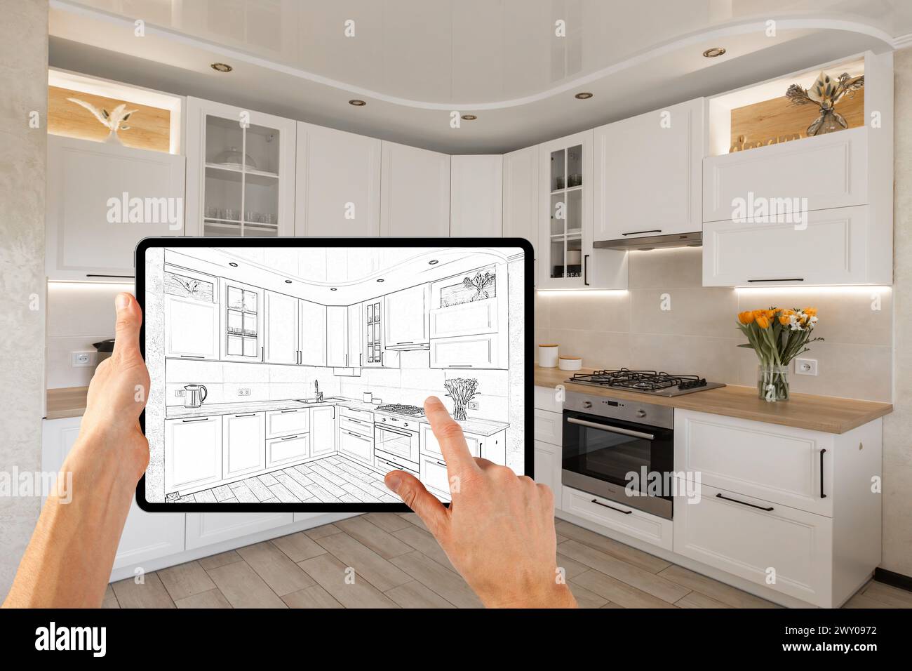 interior layout plan on tablet computer Stock Photo