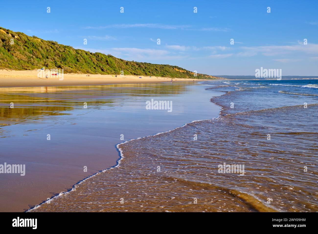 Tranquil beaches along the Protected Landscape of the Fossil Cliffs of Costa de Caparica. Fonte da Telha, Almada. Portugal Stock Photo