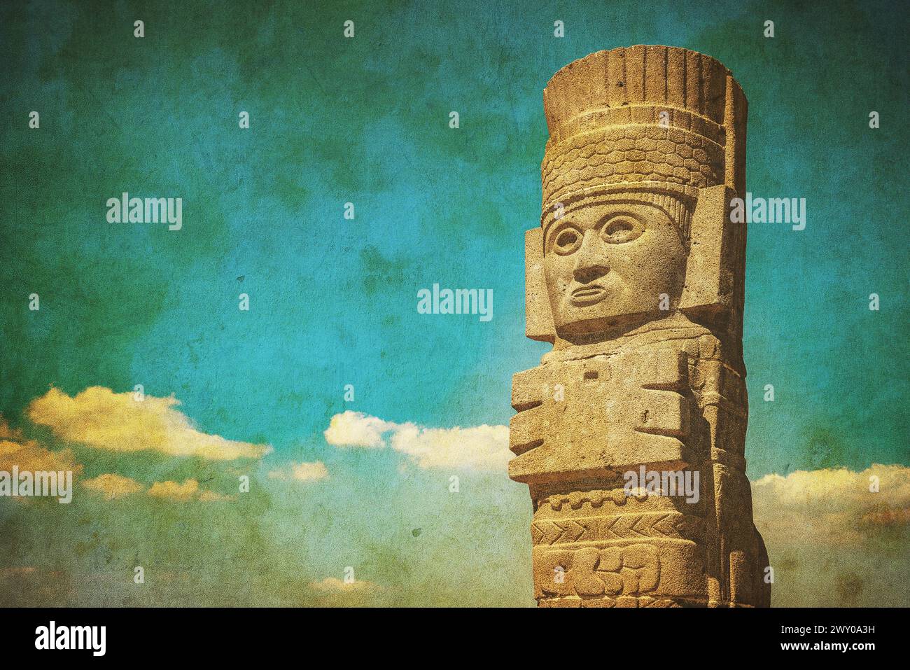 Vintage image of Toltec Warriors or Atlantes columns at Pyramid of Quetzalcoatl in Tula, Mexico Stock Photo