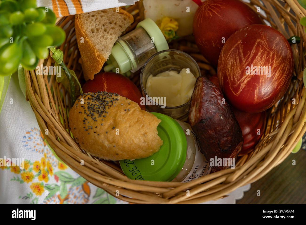 Wicker basket with food Easter decorations food in basket Stock Photo