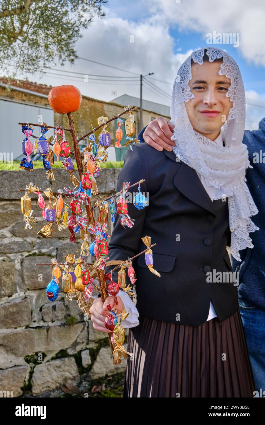 The Girl character (a Sécia) is always represented by a boy. The Winter Solstice Festivities at Tó. Trás-os-Montes, Portugal Stock Photo