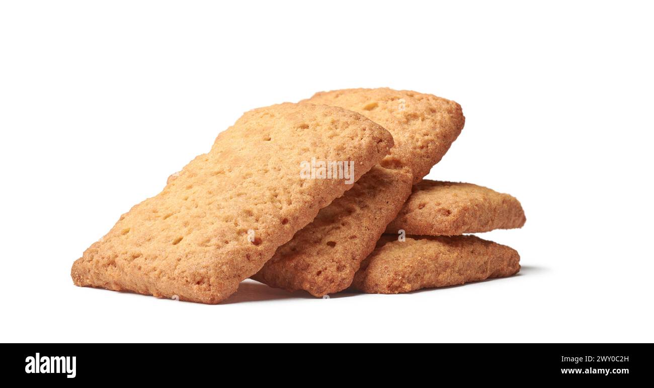 baby rusks or biscuits isolated white background, snack for infants transitioning to solid food with nutrients iron and vitamins, brown hard crunchy Stock Photo