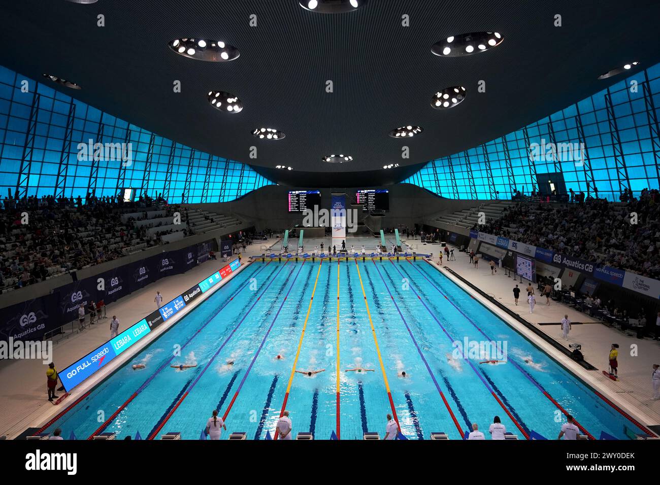 A general view of the Women's 200m Breaststroke Heats during day two of