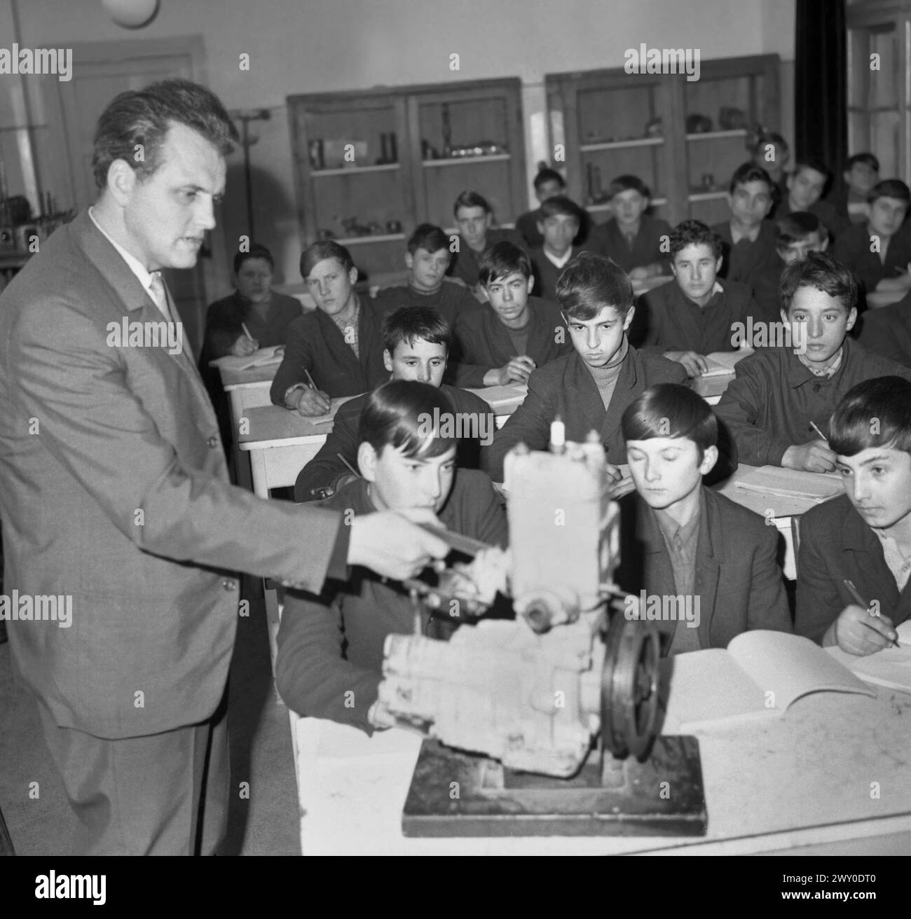 Socialist Republic of Romania in the 1970s. Class of middle-aged boys in a governmental vocational school. Stock Photo