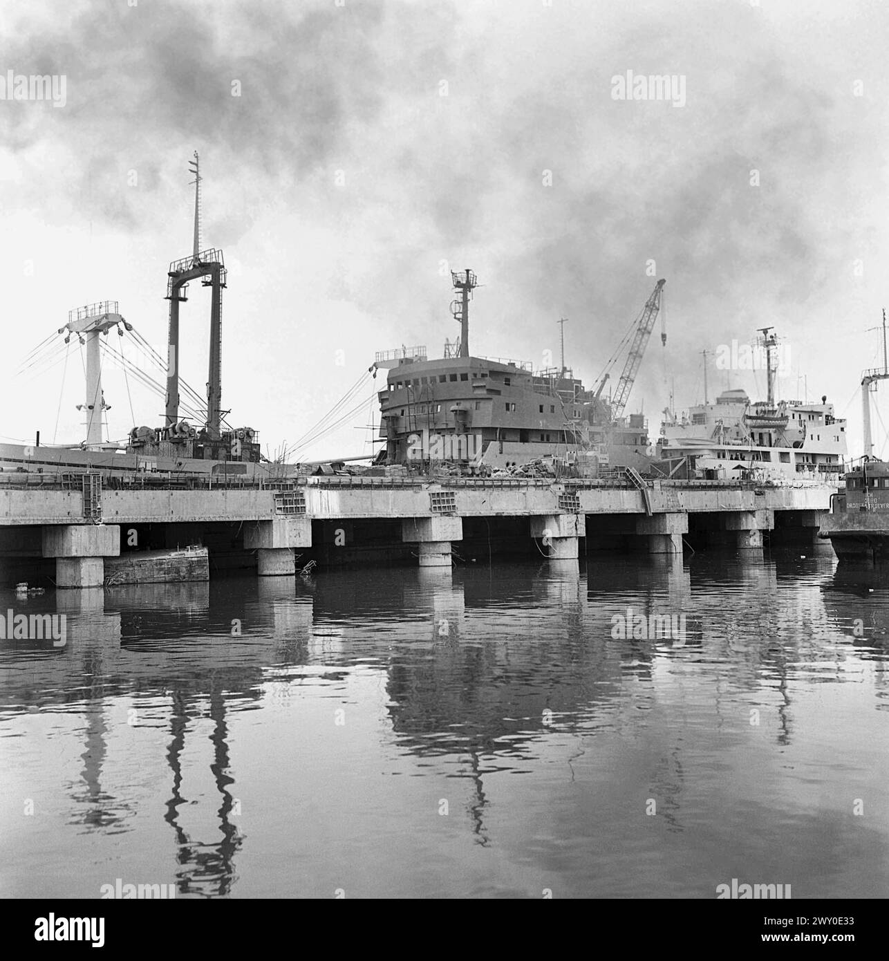 Ships in a port in the Socialist Republic of Romania in the 1970s Stock Photo