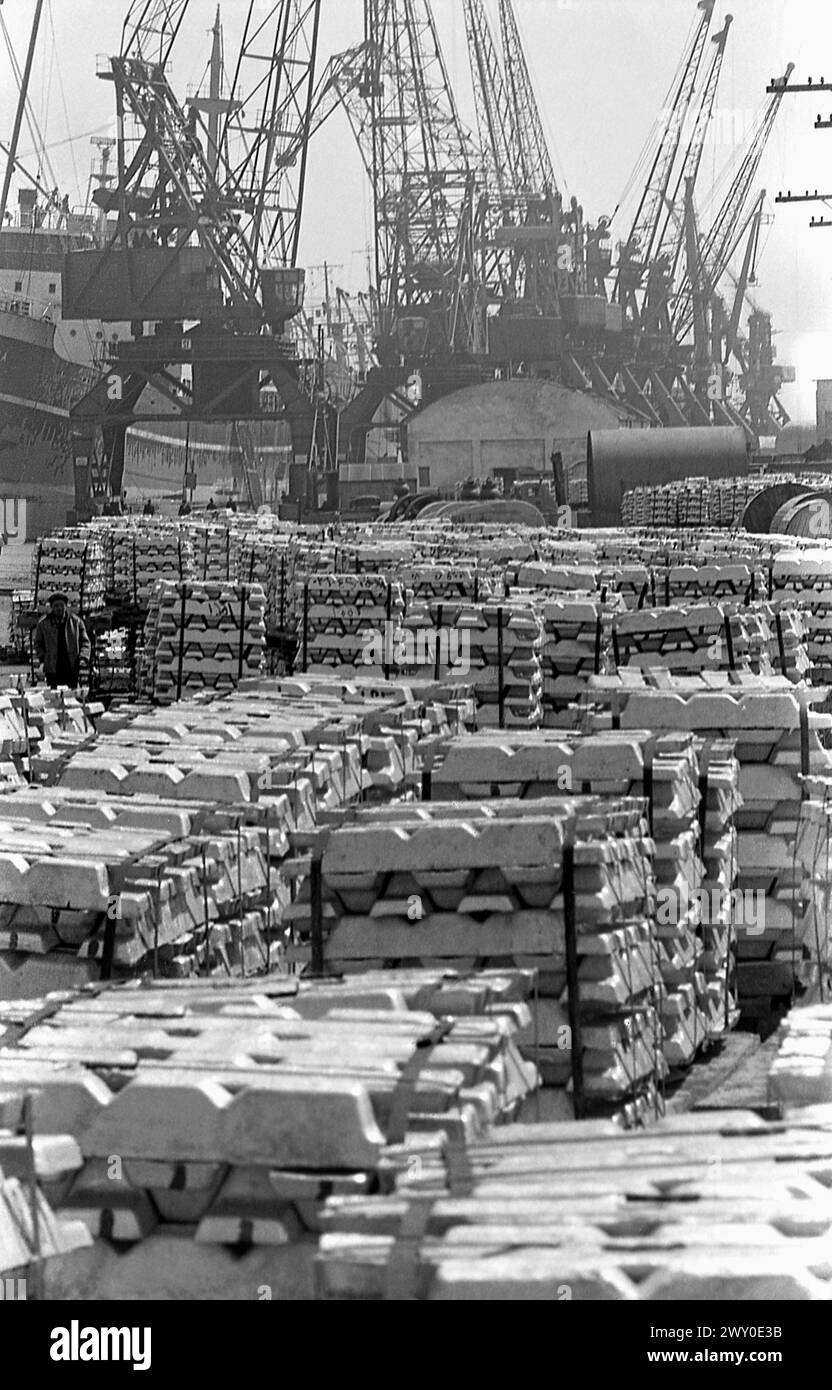 Socialist Republic of Romania in the 1970s. Gantry cranes and cargo in the port of Constanta . Stock Photo