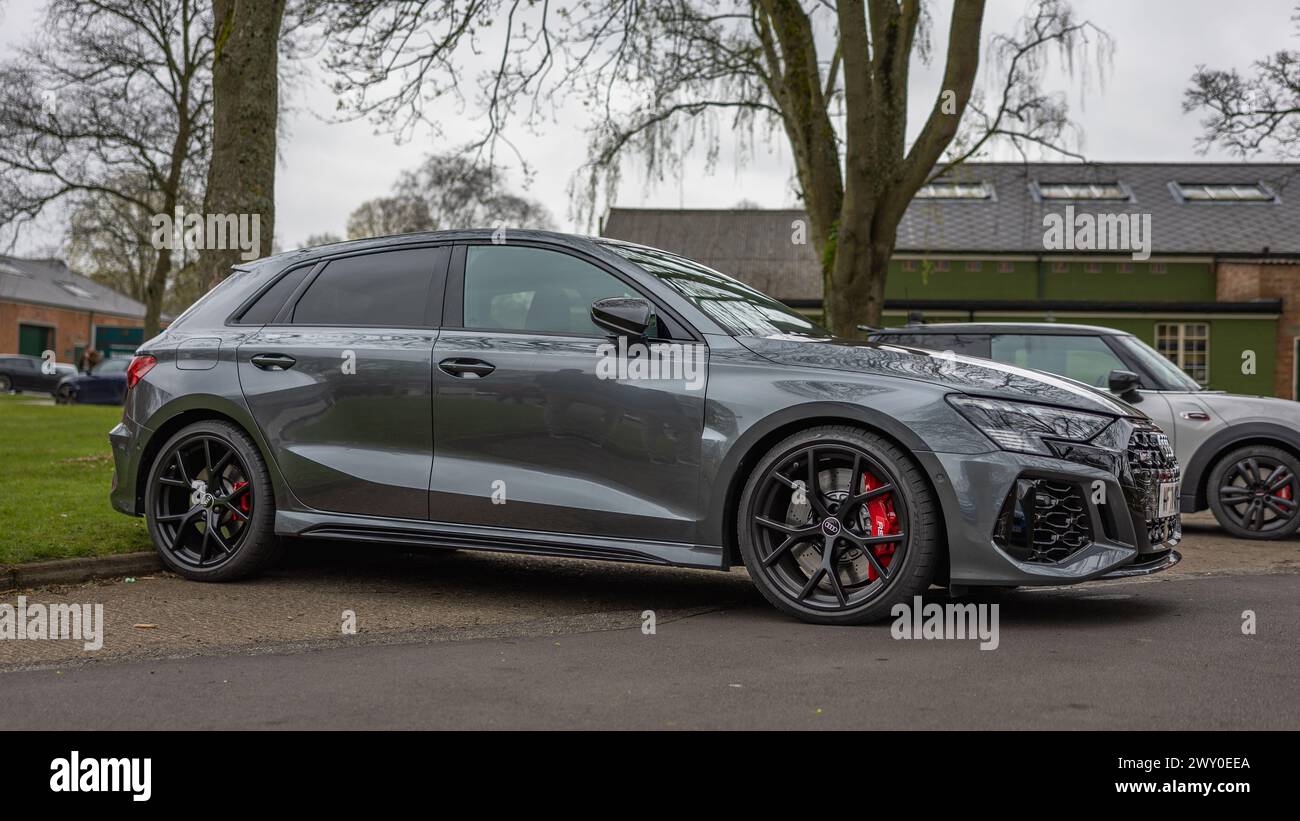 Audi A3 RS3 TFSI Quattro Launch Edition, on display at the Motorsport assembly held at the Bicester Heritage Centre on the 31st March 2024. Stock Photo