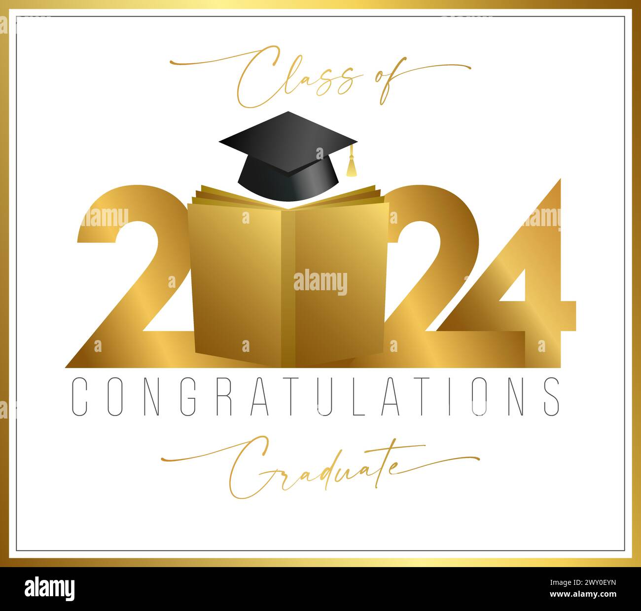 Class of 2024 graduation congrats. Golden number 20 24 with open book. 3D graphic elements. Diploma design. Wallpaper banner with cute gold frame. Stock Vector