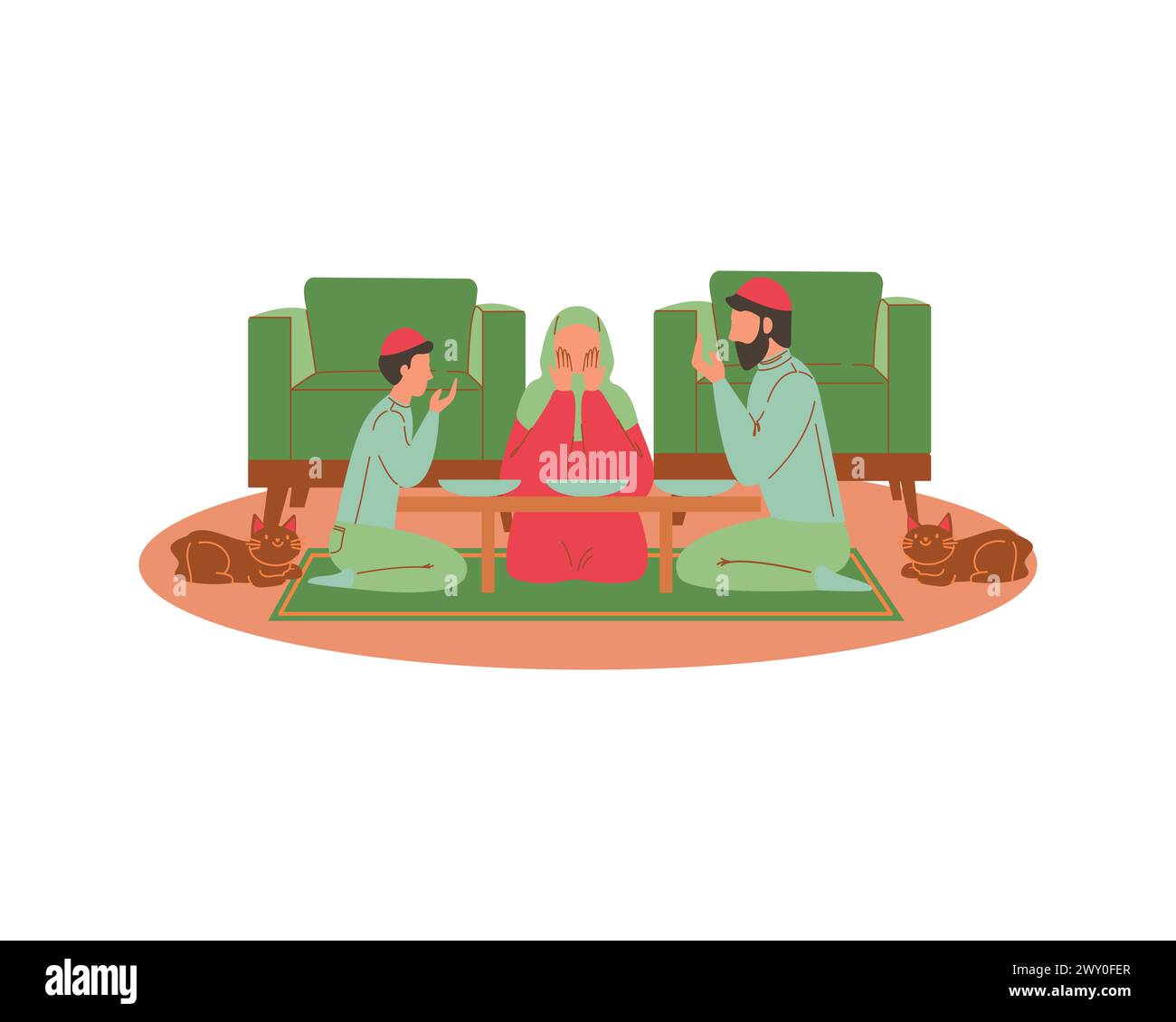 Muslim family are praying in the living room. Islamic Holiday Ramadan Kareen and Eid Mubarak for greeting card concept and illustration Stock Vector