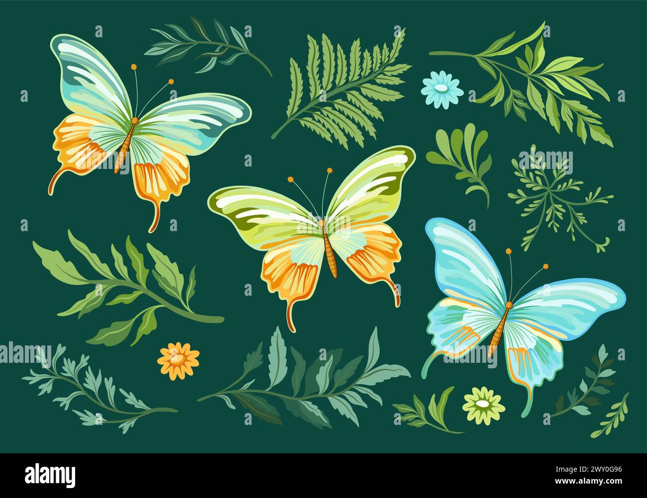 Collection of elegant beautiful tropical butterflies and plants isolated on background. Cute flying butterfly insects and leaves for decorative design Stock Vector
