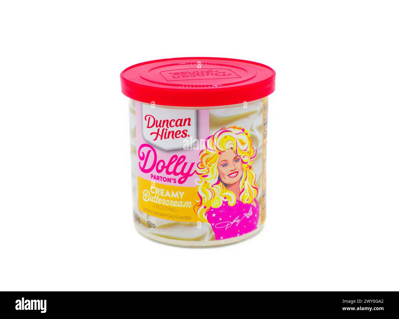 Ocala, FL 3-31-2024 Dolly Parton creamy buttercream frosting by Duncan Hines, naturally and artificially flavored. pink and yellow colors on container Stock Photo
