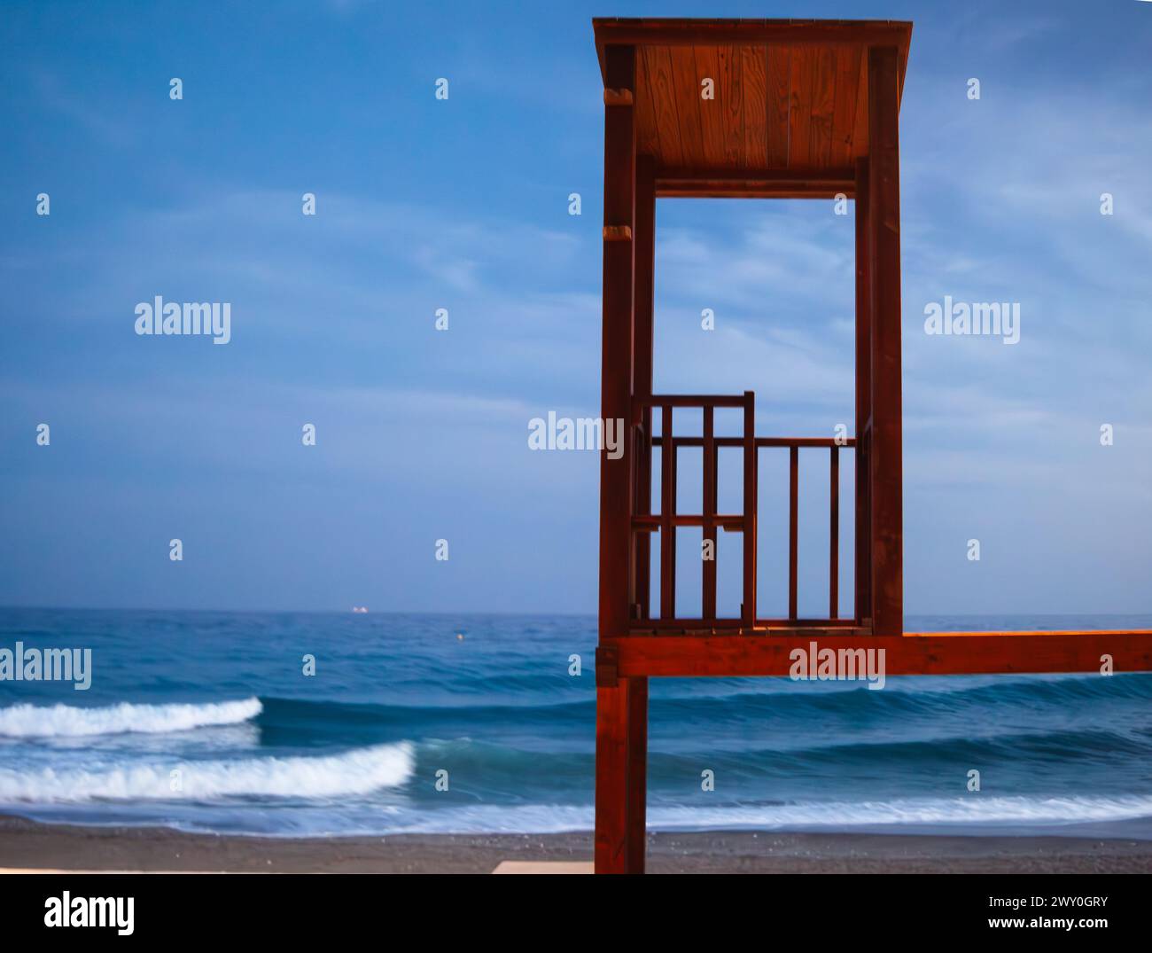 Wooden Lifeguard tower on beach in Spain Stock Photo