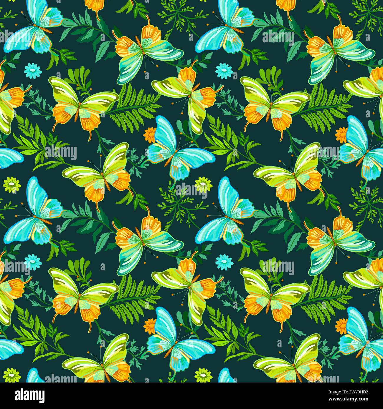 Seamless pattern of elegant beautiful tropical butterflies and plants isolated on background. Cute flying butterfly insects and leaves for decorative Stock Vector