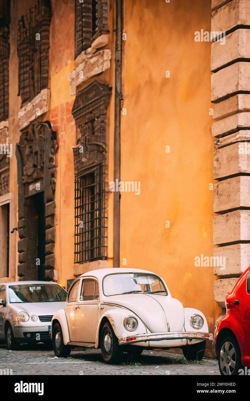 Old Retro Vintage White Color Volkswagen Beetle Car Parked At Street ...