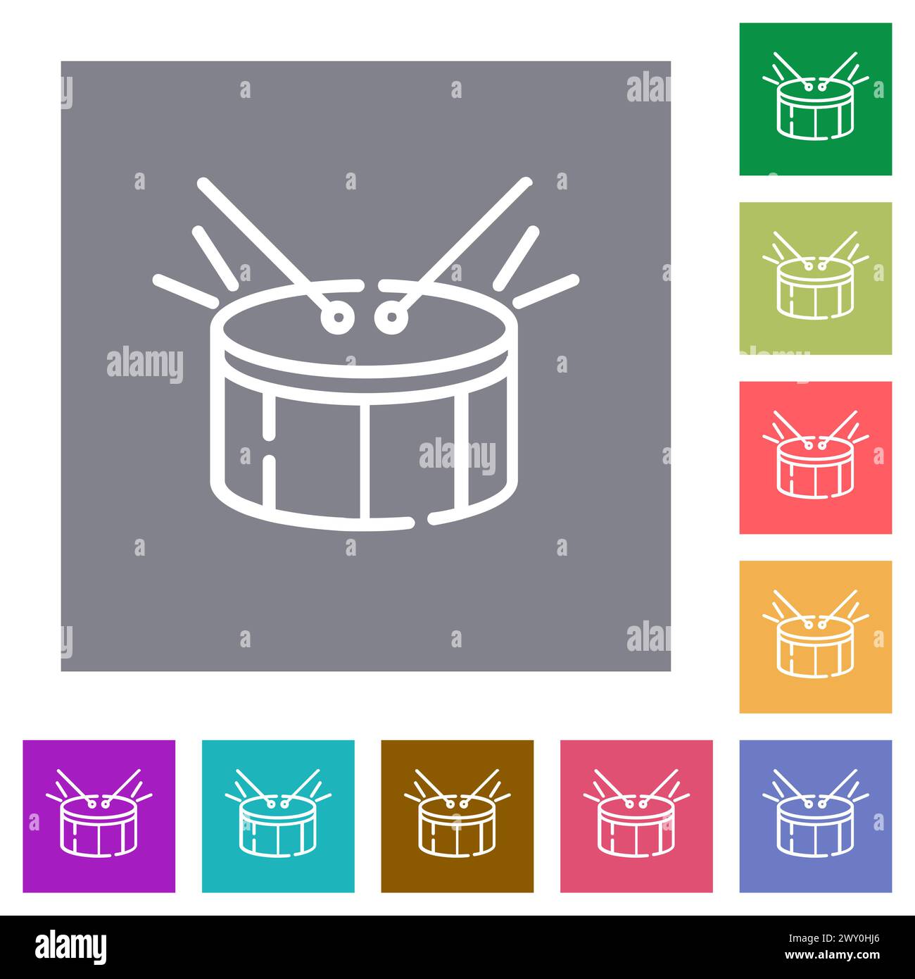 Drum outline flat icons on simple color square backgrounds Stock Vector
