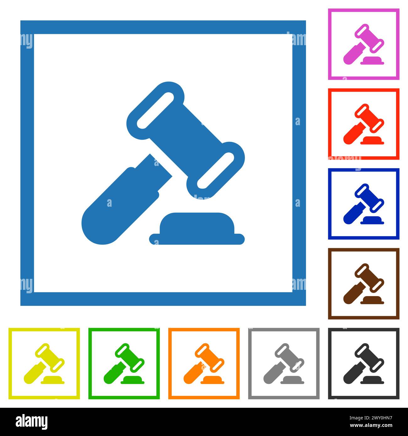 Gavel solid flat color icons in square frames on white background Stock Vector