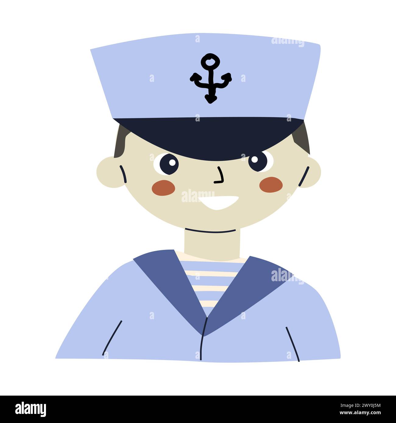 Cute smiling little boy character in sailors costume. Vector illustration of portrait of small boy captain or sailor. Can used for baby shower nautica Stock Vector