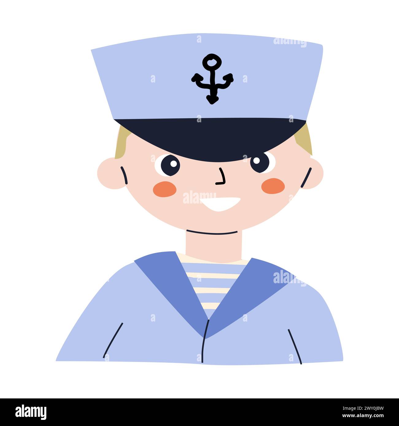 Cute smiling little boy character wearing a sailors costume. Vector illustration of portrait of small boy captain or sailor. Can used for baby shower Stock Vector