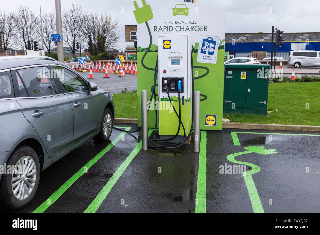 Electric Vehicle Rapid Charger point at the Lidl shops in Stockton on
