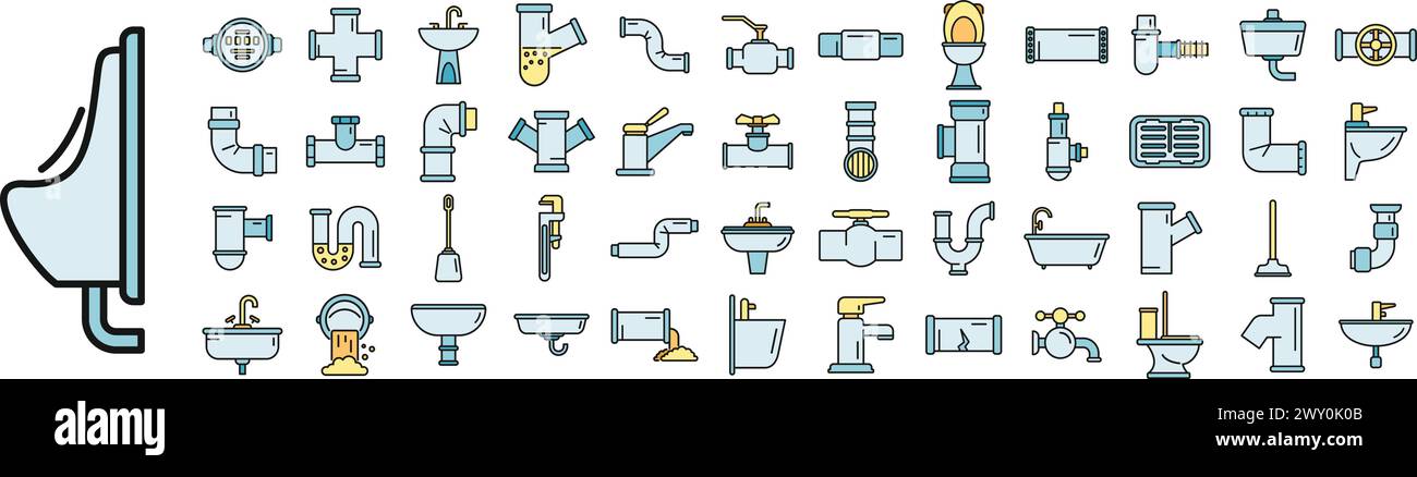 Sewerage icons set outline vector. Water leak. Plumber repair thin line color flat on white Stock Vector