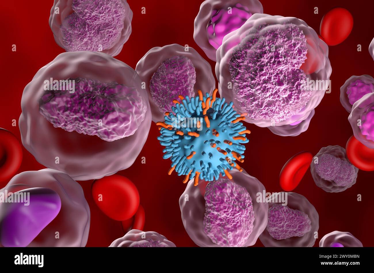 CAR T cell therapy in Non-hodgkin lymphoma (NHL) - closeup view 3d illustration Stock Photo
