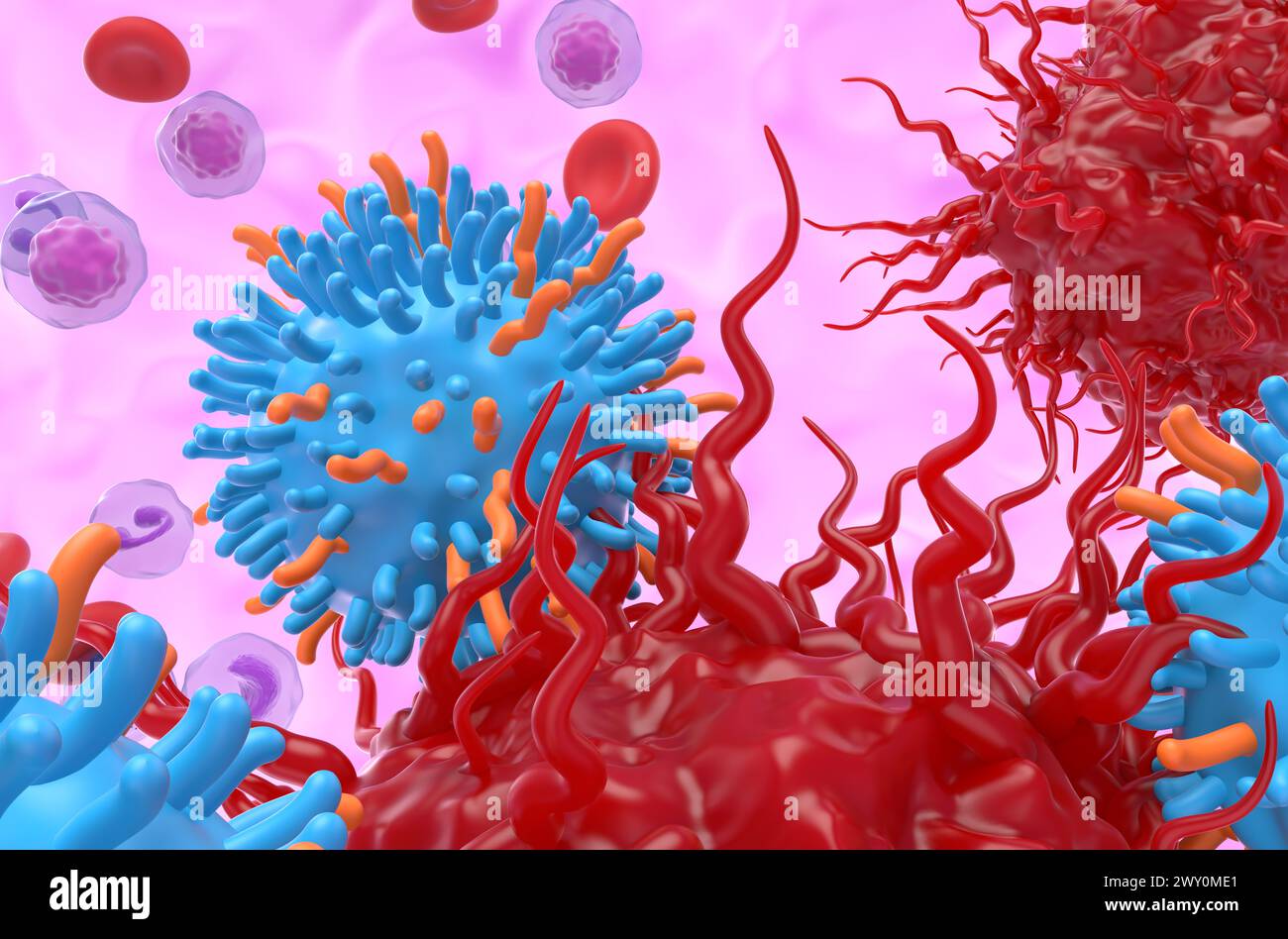 CAR T cell therapy in neuroendocrine tumor (NET) - closeup view 3d illustration Stock Photo