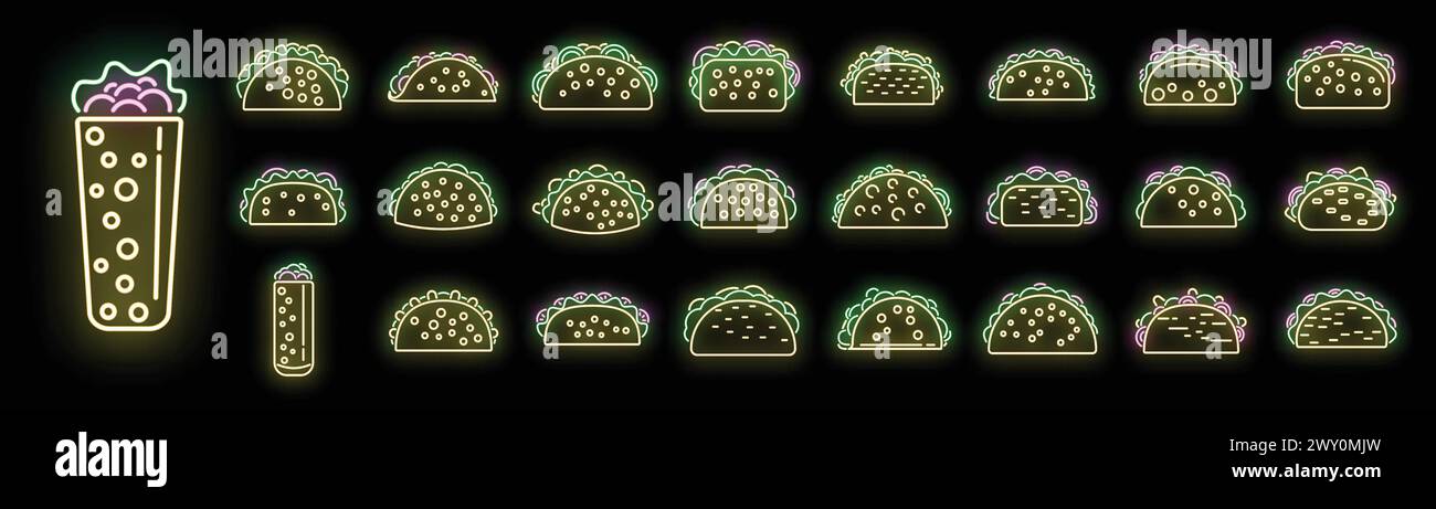 Tacos icons set outline vector. Food menu. Mexican beef neon color on ...
