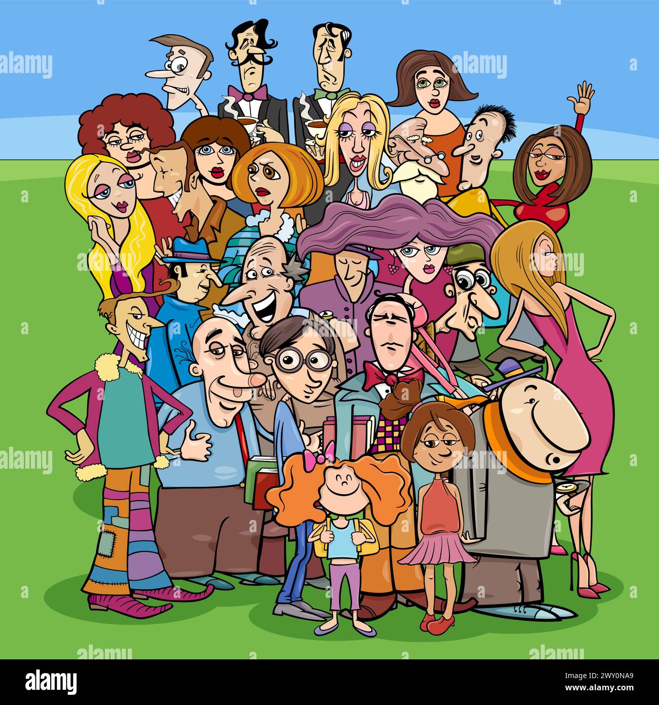 Cartoon illustration of many people characters in the crowd Stock Vector