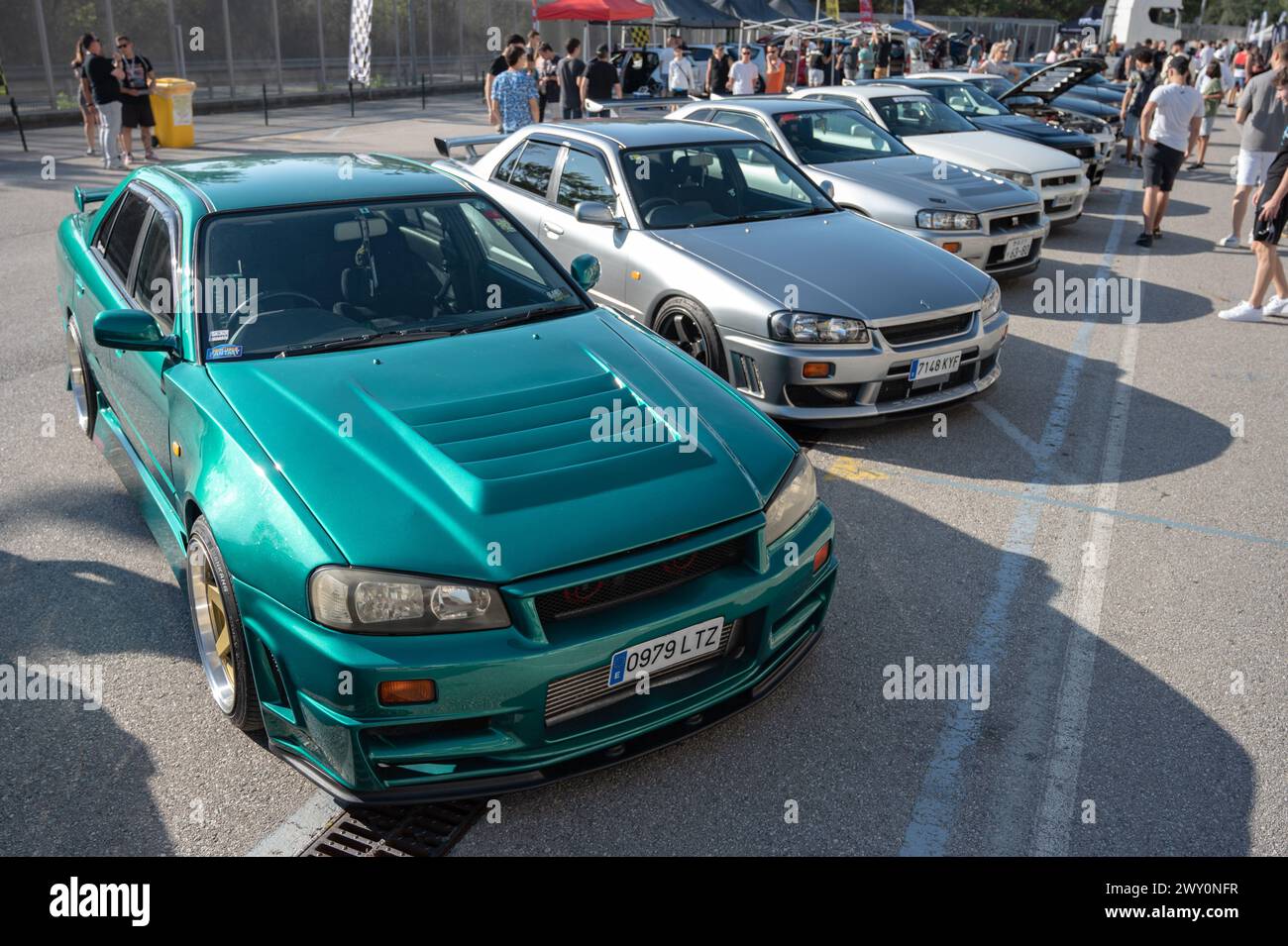 Nissan Skyline GT R34 tenth generation green in a Japanese car meet Stock Photo