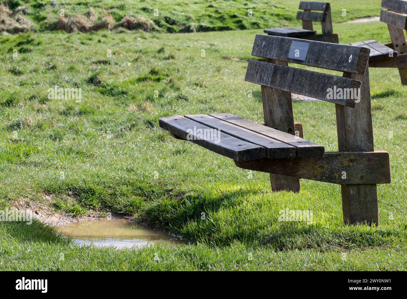 Public wooden bench outdoors with deep water filled trench grass and mud worn away by boots over years of use on busy cliff top area local attraction Stock Photo