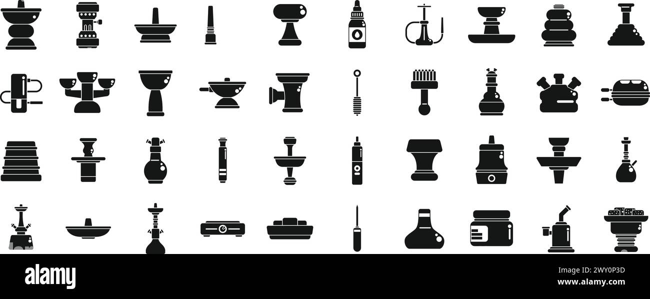 Hookah accessories icons set simple vector. Smoke flame shop. Tobacco lifestyle Stock Vector