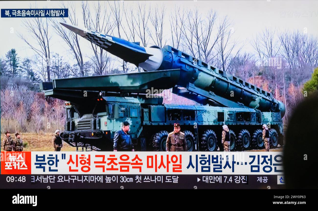 South Korea's 24-hour Yonhapnews TV shows a North Korea's Hwasongpho-16B, a new type of intermediate-range solid-fueled ballistic missile equipped with a newly-developed hypersonic gliding warhead, is launched on a TV at Yongsan Railroad Station in Seoul. North Korea said on April 3 that it successfully test-fired a new type of intermediate-range solid-fueled ballistic missile equipped with a newly-developed hypersonic glide warhead, adding that all missiles developed by the North Korea now have solid fuel and nuclear warhead control capabilities.North Korean leader Kim Jong Un guided the test Stock Photo