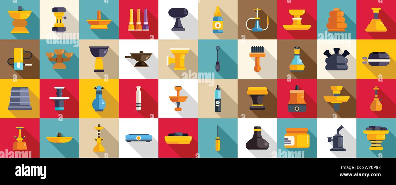 Hookah accessories icons set flat vector. Smoke flame shop. Tobacco lifestyle Stock Vector