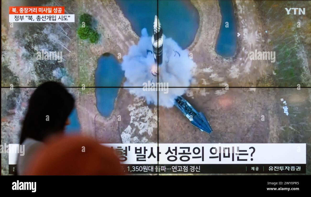South Korea's 24-hour YTN shows a North Korea's Hwasongpho-16B, a new type of intermediate-range solid-fueled ballistic missile equipped with a newly-developed hypersonic gliding warhead, is launched on a TV at Gangnam Express Bus Terminal in Seoul. North Korea said on April 3 that it successfully test-fired a new type of intermediate-range solid-fueled ballistic missile equipped with a newly-developed hypersonic glide warhead, adding that all missiles developed by the North Korea now have solid fuel and nuclear warhead control capabilities.North Korean leader Kim Jong Un guided the testing of Stock Photo